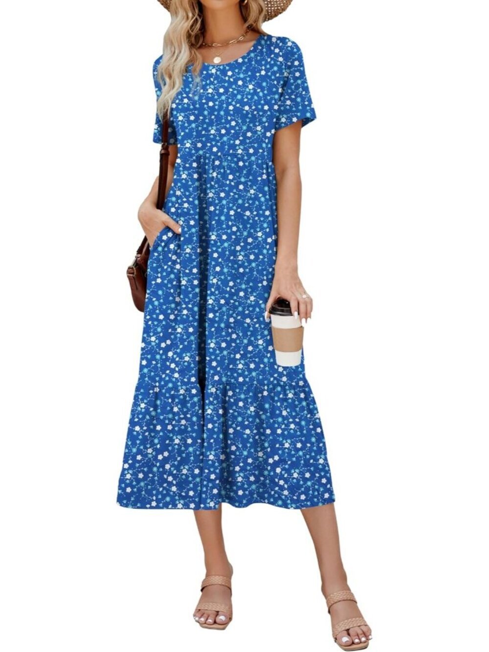 Women's Print Blue Sundress Short Sleeve Tiered Beach with Pockets Maxi Dress